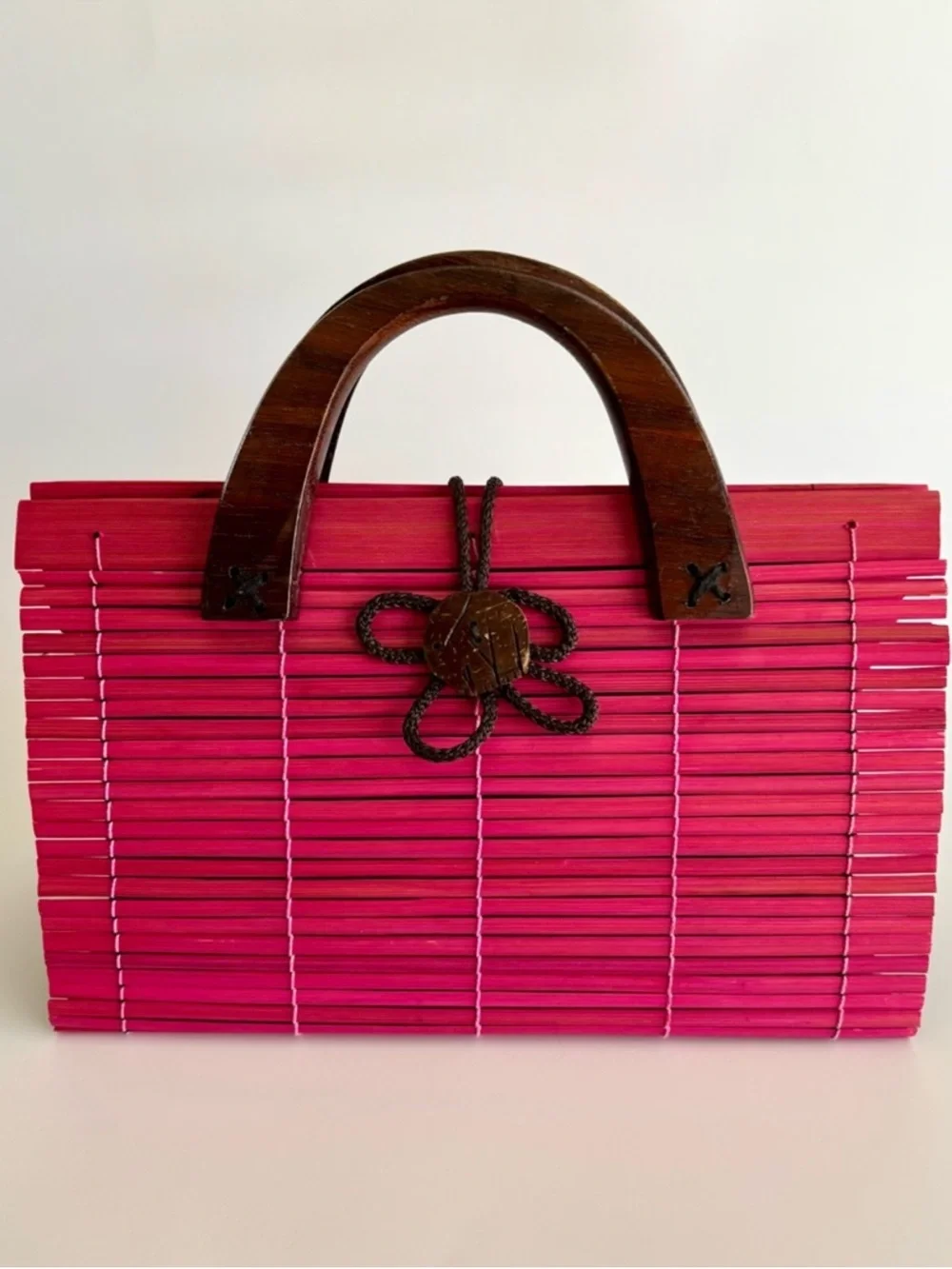 Pink Bamboo Slat Handbag Wooden Handles Boho Resort Bag